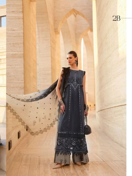 Maria.B Luxury Lawn - Charcoal Slate Gray Embroidered Suit